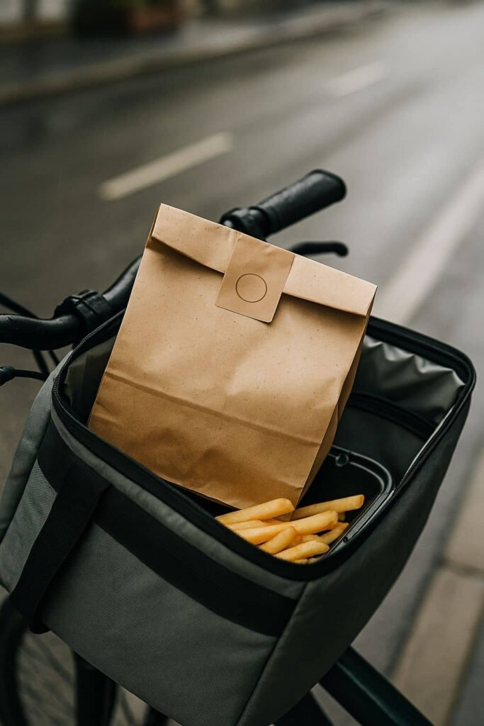 Bolsa de papel kraft sellada dentro de una mochila de reparto sobre el manillar de una bicicleta, diseñada para resistir la lluvia y mantener la comida segura durante el transporte en ciudad.