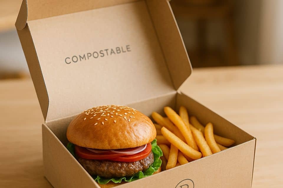Caja de cartón compostable para delivery con diseño minimalista, mostrando una hamburguesa gourmet con lechuga, tomate y pan de sésamo acompañada de papas fritas, sobre mesa de madera en ambiente hogareño.