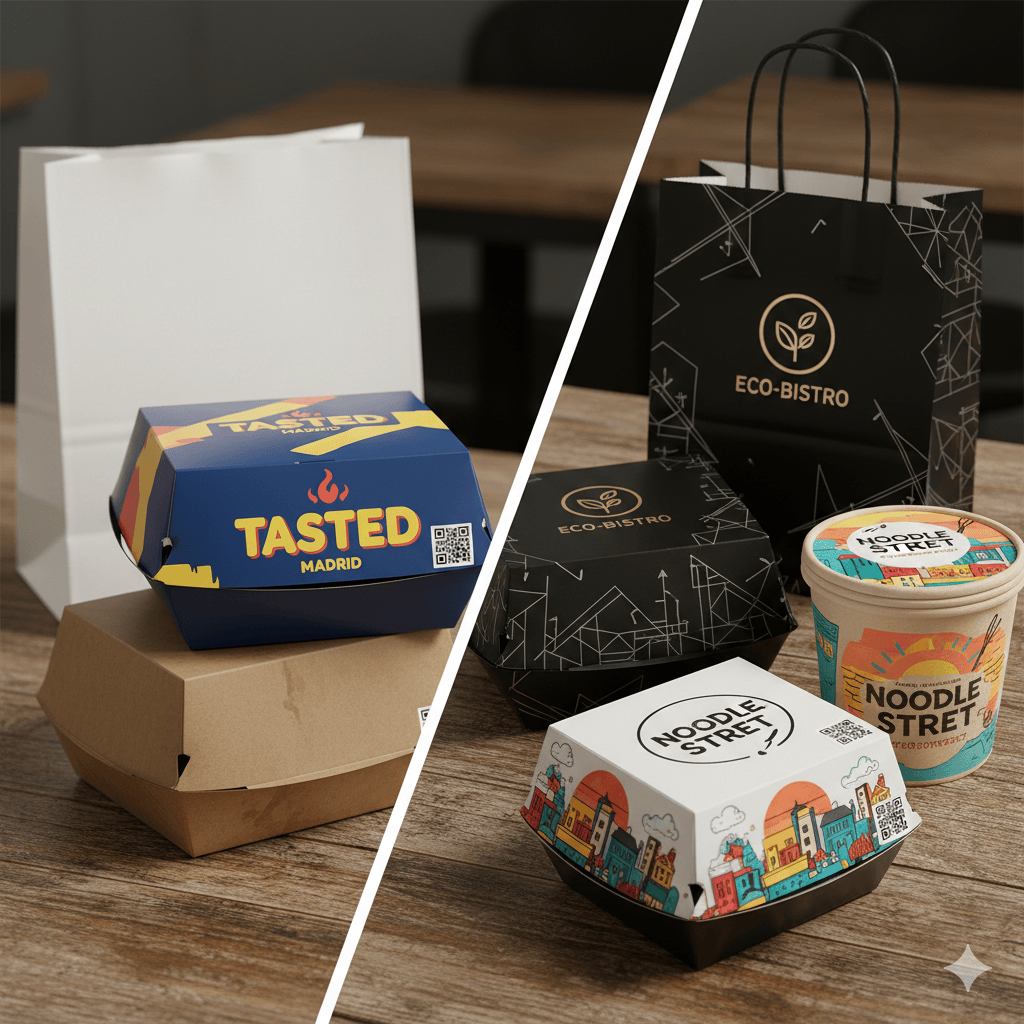 Comparativa de envases take away personalizados y genericos para hosteleria en Madrid