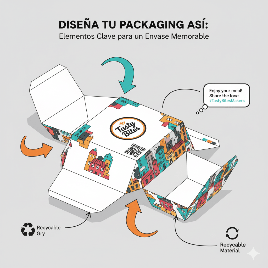 Elementos de diseño clave para envases alimentarios take away personalizados.